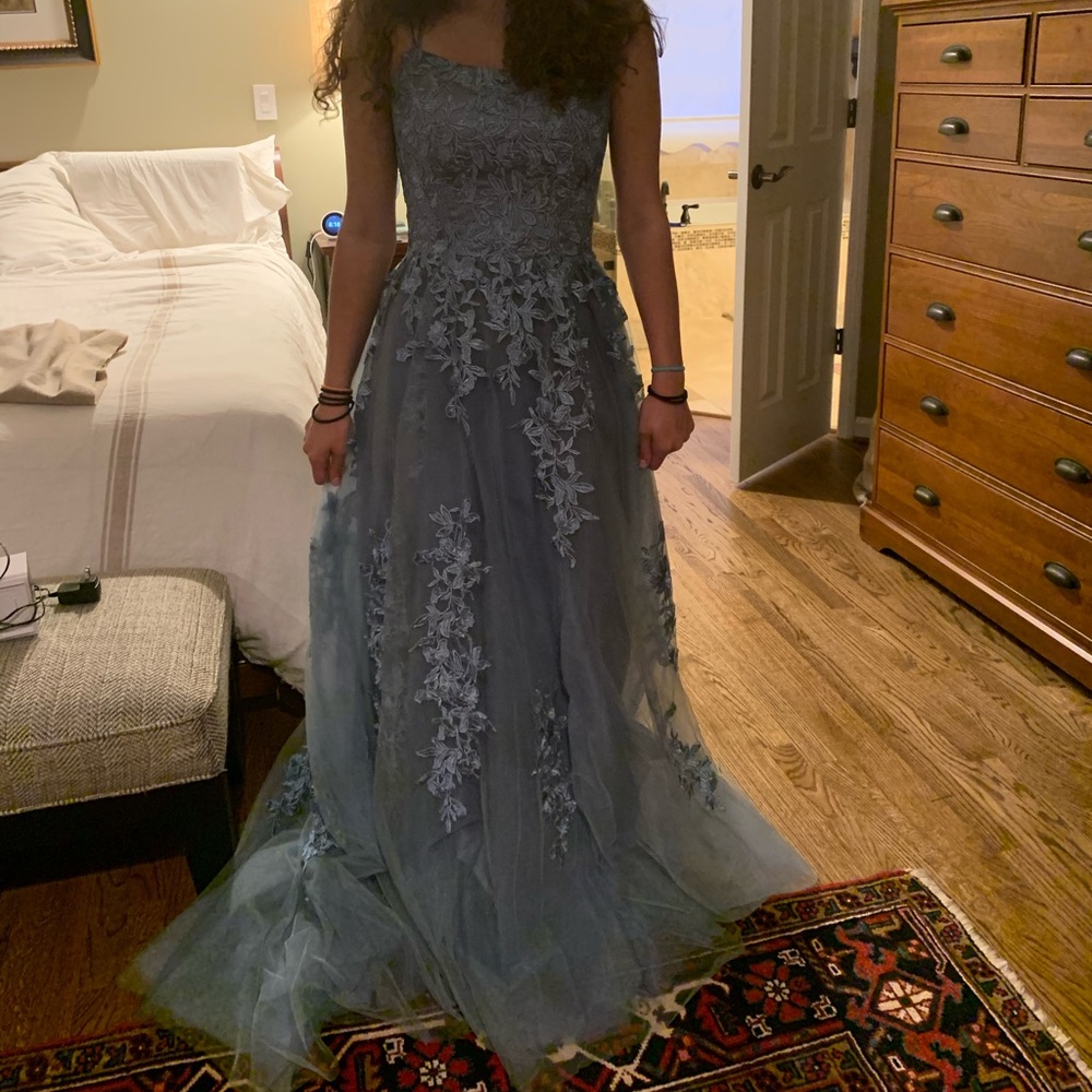 Blue lace and tulle prom dress. Has padded inserts, only  worn once.